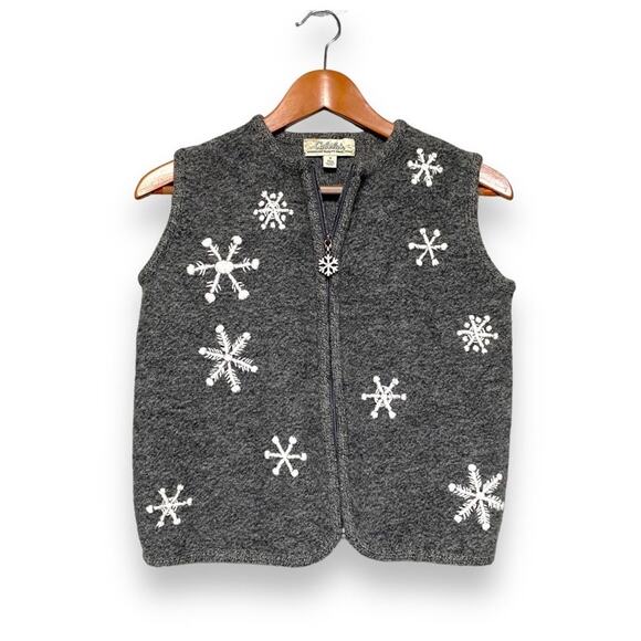 Vntg Cabela's Wool Snowflake Sweater Vest Sz S Grey Sleeveless Zip Up Novelty - Picture 1 of 12